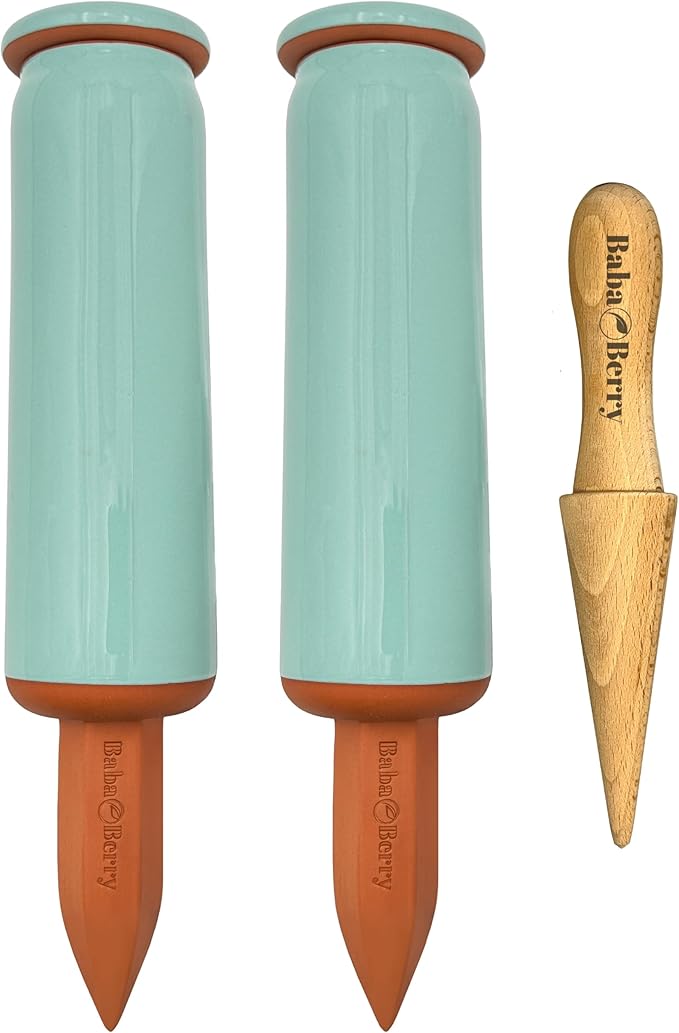 Terracotta Watering Spikes 2 Pack 17.5oz Capacity Plant Watering Devices Self Watering Spikes Large Plant Watering Globes Self Watering Planter Insert AcquaTerra with Root Dibber Installer