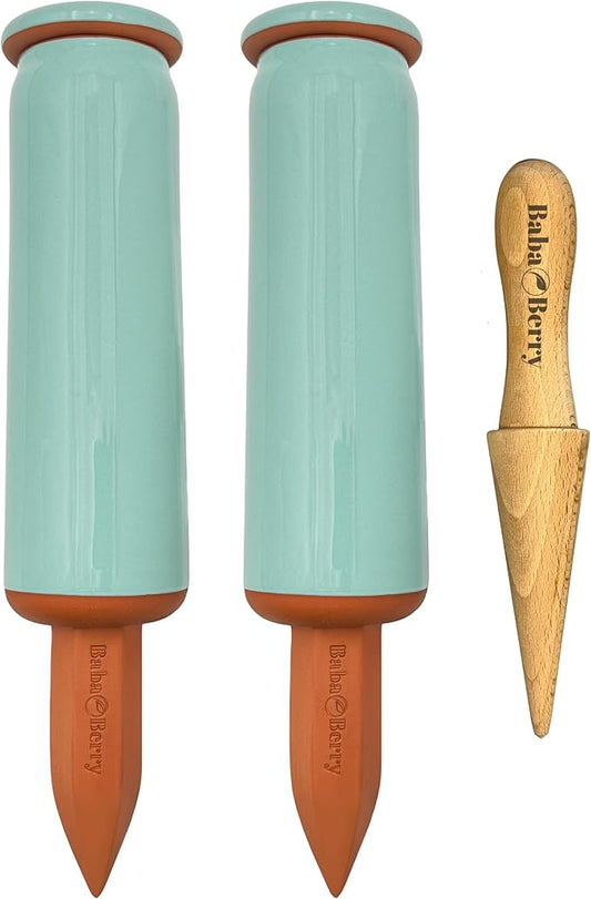 Terracotta Watering Spikes 2 Pack 17.5oz Capacity Plant Watering Devices Self Watering Spikes Large Plant Watering Globes Self Watering Planter Insert AcquaTerra with Root Dibber Installer