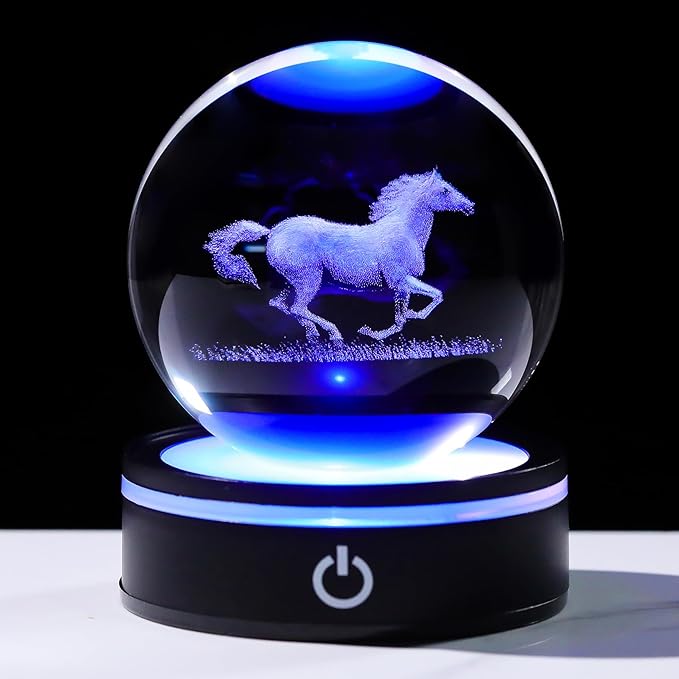 YWHL 3D Crystal Ball Horse Figurine with LED Base, Horse Gifts for Men Women Horse Lovers on Christmas Birthday, Horse Statue Glass Sphere Animal Decorative Ball for Home Decor (80mm)