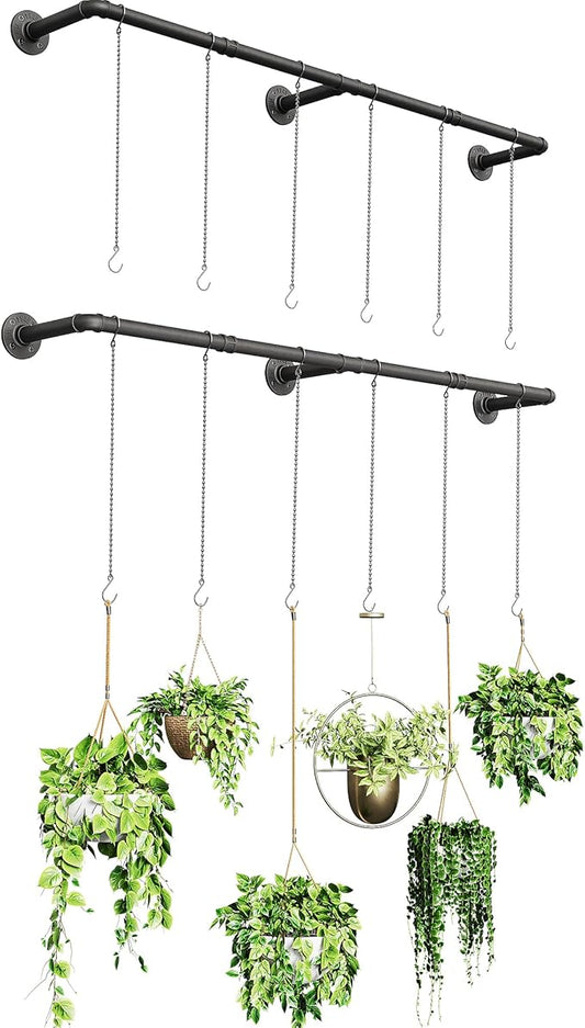 Plant Hanger Indoor, 2 Pack Hanging Planters Rod for Indoor Plants with 12 Hanging Chains, Wall Plant Hanging Rod for Window Ceiling, 65.7 Inch, Metal/Black, Pots Not Included…
