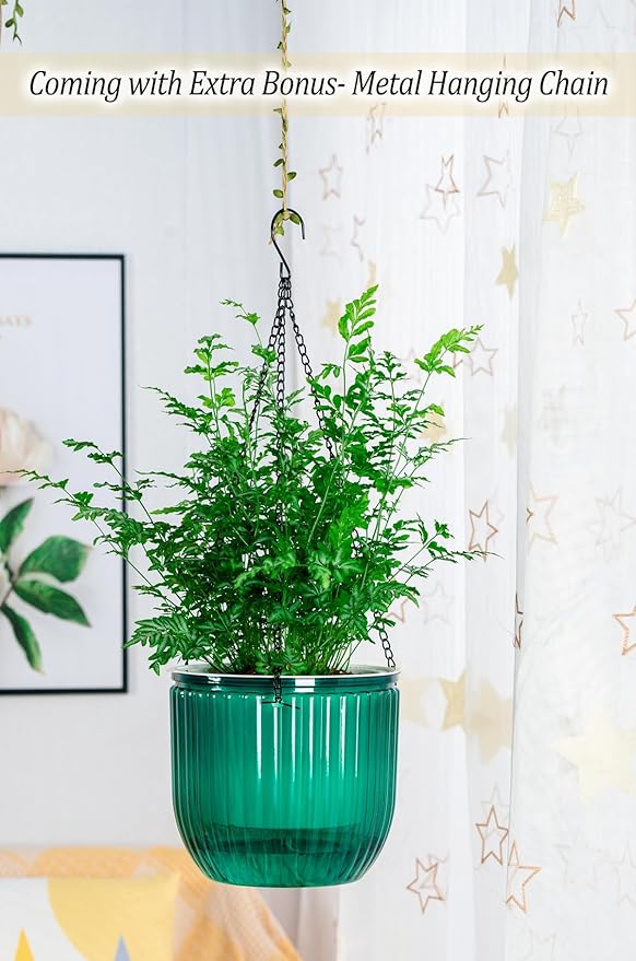 Melphoe Self Watering Hanging Planters for Indoor Plants, 1 Pack 8.3 Inch Outdoor Hanging Plant Pot Basket, 2 Kinds of Hangers Macrame 35.5’’ & Metal Chain 19.6’’ for Garden Home Decor