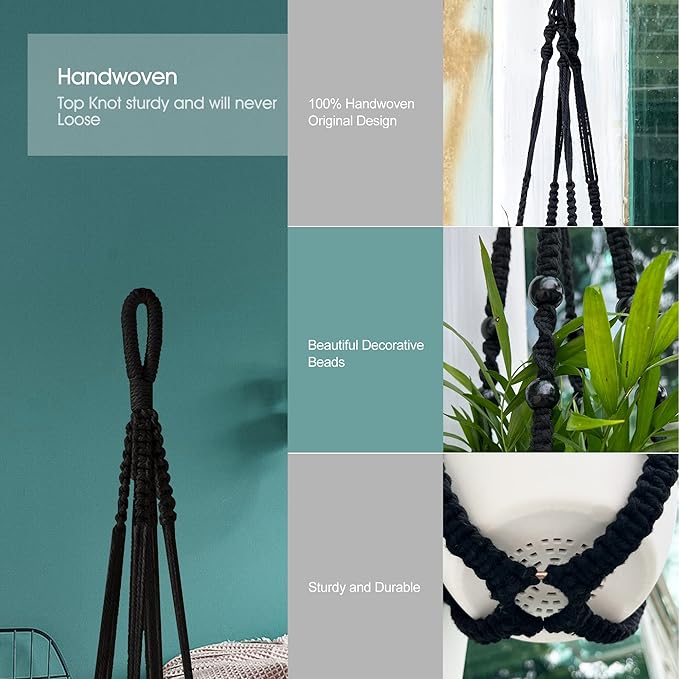 RIFNY Macrame Plant Hanger for 5 to 10 Inch Plant Pots, 35 Inch Indoor Handmade Woven Rope Hanger Kits with Hooks and Wood Beads, Hanging Planter Basket Holder for Boho Home Decor (Black, 3 Pack)
