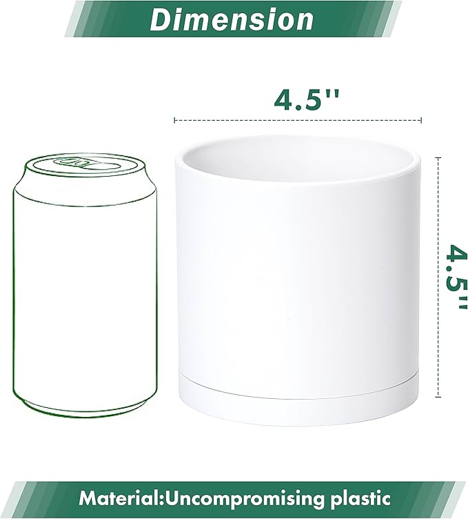 D'vine Dev 6 Pack 4.5 Inch Modern Plastic Plant Pots, Small Garden Planters for Plant with Drainage Holes and Saucers, White Color, 74-Z-F-3