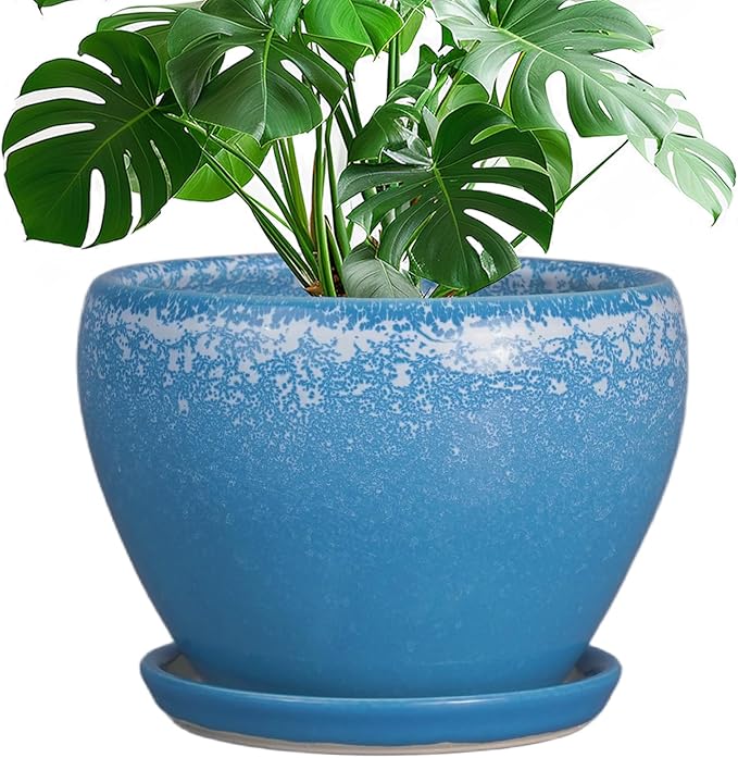 Ceramic Planter Pot 10 Inch - Ceramic Plant Pot for Indoor Outdoor Plants, Large Flower Pot with Drainage Hole and Saucer, Blue