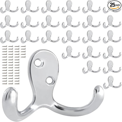 25 Pack Coat Hooks Wall Hooks for Hanging, Heavy Duty Double Prong Metal Hook by CBWLWJ