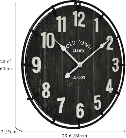 EMAX HOME Large Old Town Farmhouse Black Wall Clock 24 Inch Rustic Antique Wood - Image 4