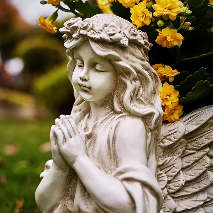 Praying Angel Bust Garden Statue Planters, Angel Wing Planters Pots Mini Vase for Patio, Lawn, Yard Art, Cemetery Grave Decoration, Resin Classical Antique, 8.26" H