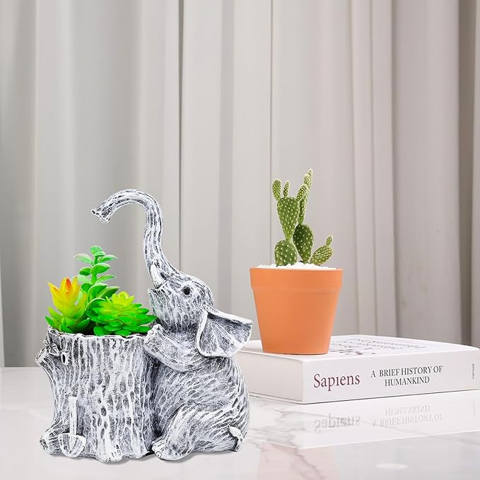 Elephant Gifts for Women Succulent Pots Indoor Elephant Planters for Plant Lovers Cute Outdoor Plant Pots Outdoor Garden Animal Decor Elephant Hug Stump Statue with Drainage Hole