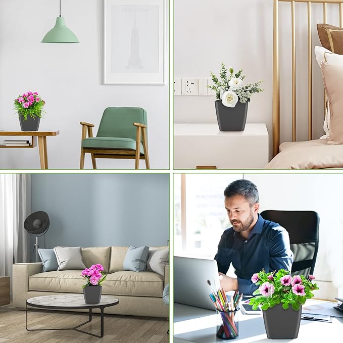 Self Watering Planters for Indoor Plants : 5 inch 6 Pack Grey Planter with Water Level Indicator African Violet Self Watering Flower Pot for Herb Pot House Plant Planting