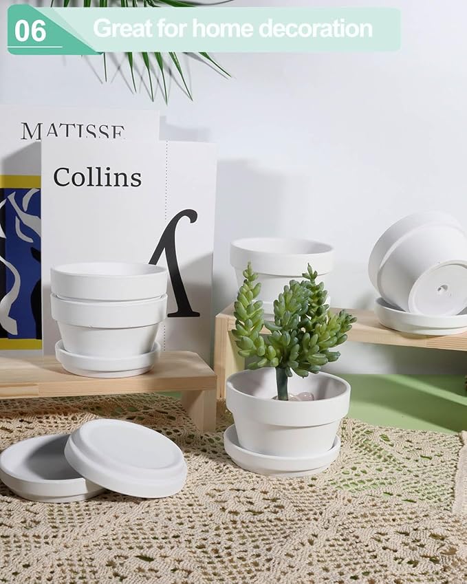 vensovo 5.7 Inch White Terracotta Shallow Succulent Pots - 6 Pack Terra Cotta Clay Pot with Saucer, Cacuts Indoor and Outdoor Planters with Drainage Hole