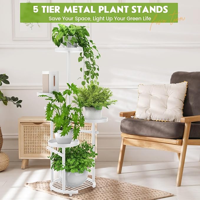 TOSKING 5 Tier Metal Plant Stand Indoor, Plant Shelf, Corner Shelf Flower Pot Stand for Outdoor Plant Stand for Living Room Balcony Garden Patio Bedroom (White, 38in)
