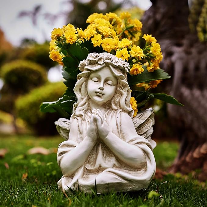 Praying Angel Bust Garden Statue Planters, Angel Wing Planters Pots Mini Vase for Patio, Lawn, Yard Art, Cemetery Grave Decoration, Resin Classical Antique, 8.26" H
