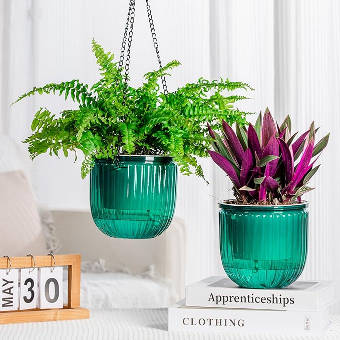 6.5 Inch 2 Pcs Self Watering Hanging Planter Indoor Plant Pots Drainage Holes, Outdoor Hanging Planters Flower Pot Basket, Visible Water Level, Plant Hanger Home Decor, Gardening