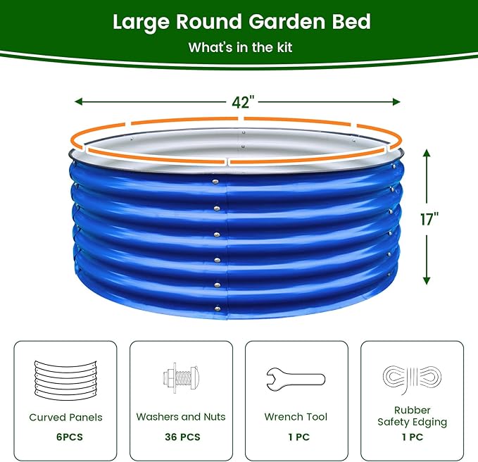 17" Tall, 42" Round Blue Raised Garden Bed Kit, Galvanized Metal Raised Garden Beds Outdoor for Vegetables Flowers,3.5 * 3.5 * 1.4Ft,Cobalt Blue