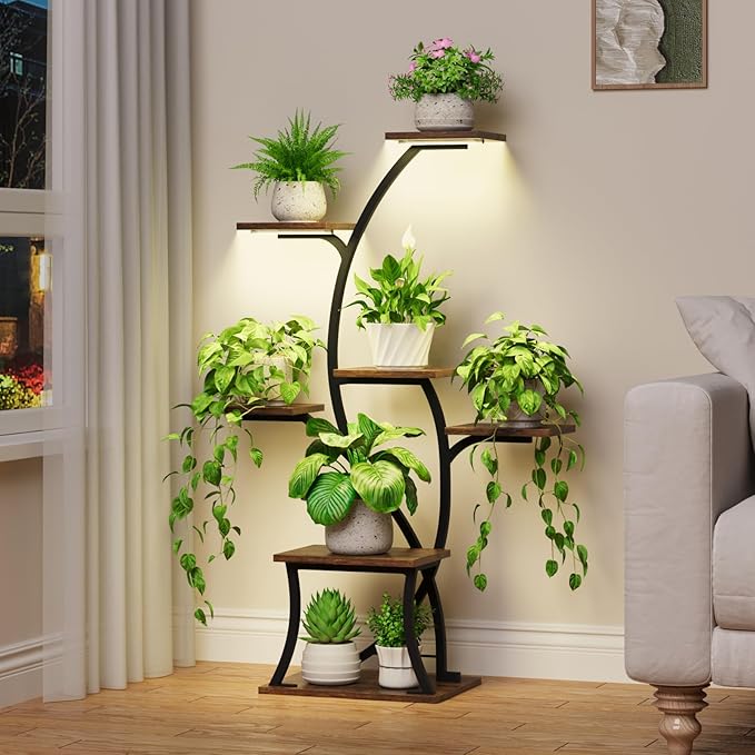 Plant Stand Indoor with Grow Lights - 7 Tiered Indoor Plant Shelf, 44" Corner Plant Stands for Indoor Plants Multiple, Metal Plant Shelves, Curved Plant Holder Rack for Living Room, Patio, Balcony
