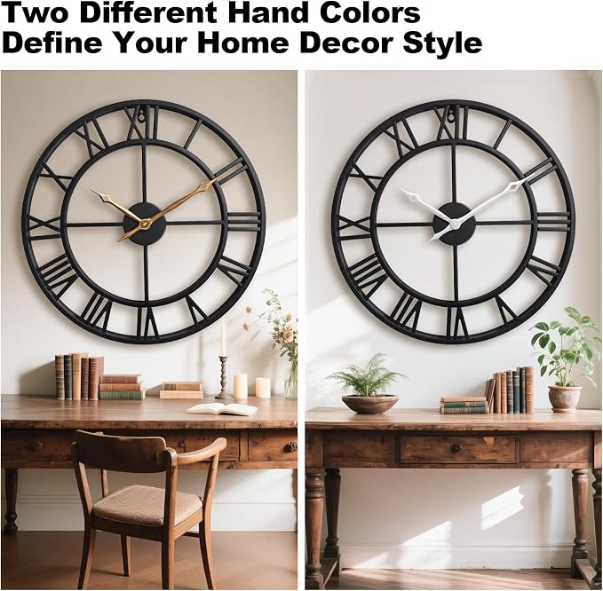 24 Inch Large Wall Clocks for Living Room Decor, Big Black Roman Numerals - Image 2