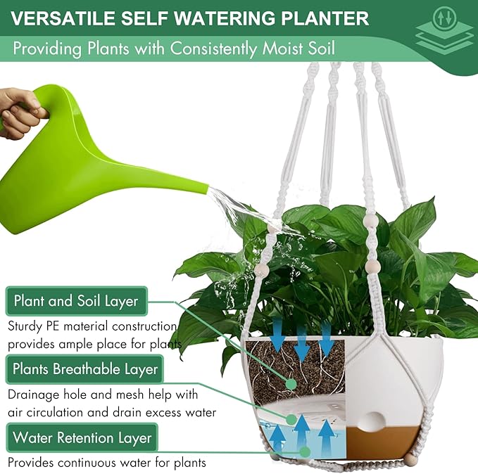 Set of 2-8 Inch Hanging Planters for Indoor Plants with Self-Watering Includes Hanging Pots for Plants, Outdoor Hanging Plant Pot with Drainage, and 2 Types of Hanging Baskets Hangers (White)