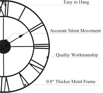 30 Inch Wall Clock Decorative, Oversized Large Black Metal Roman Numeral Silent - Image 2
