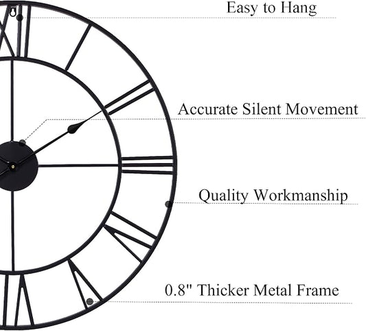 30 Inch Wall Clock Decorative, Oversized Large Black Metal Roman Numeral Silent - Image 2