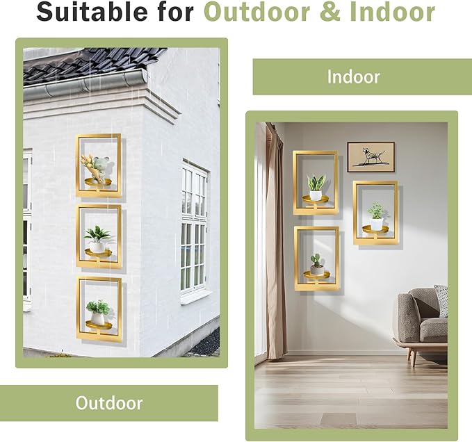 Picture Frame Plant Holder, Wall Mount Plants shelf Indoor Outdoor, Metal Hanging Planters Stand Decor, Window Planter Hanger Shelves, Modern Floating Ornament Rack Art for Home & Garden(Gold 3pc)