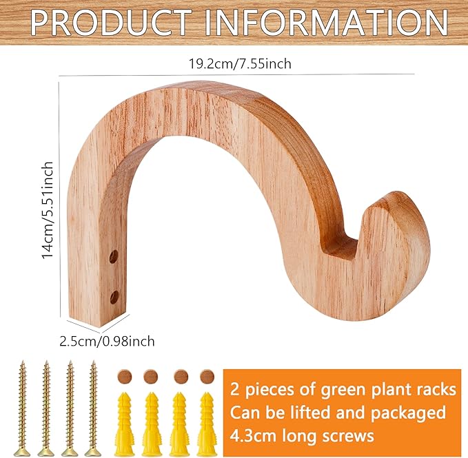 FGSAEOR Arc-Shaped Wooden Plant Hanger Indoor, 7-Inch Hanging Plant Brackets, Wall Mount Hooks for Outdoor Hanging Bird Feeders, Flower Baskets Pots, Wind Chimes, Lanterns