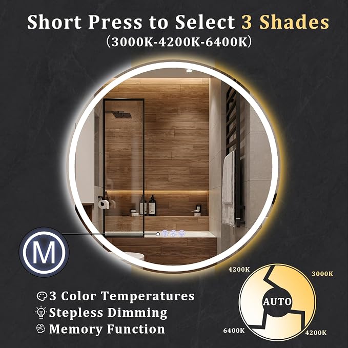 BEAUTYPEAK 30x30 LED Round Bathroom Mirror - Image 3