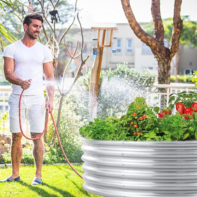 FORTUNO 2 Pack 4 Ft Round Galvanized Raised Garden Bed Kit Box 48 Inches Metal Outdoor Flower Bed Steel Patio Ground Planter for Planting Vegetables and Herb, Silver