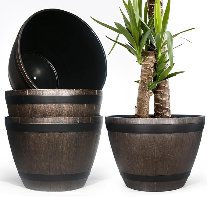 Large Whiskey Barrel Planter for Outdoor Plants - Flower Pots Garden Wine Barrel Planter Outdoor - 21" D x 15" H