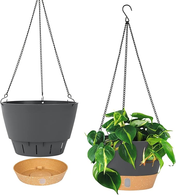 QCQHDU 2 Pack 10 inch Hanging Planters for Indoor Plants, Outdoor Hanging Baskets, Self Watering Pots with Drainage Holes & Removable Tray (Dark Grey, 10 inch)