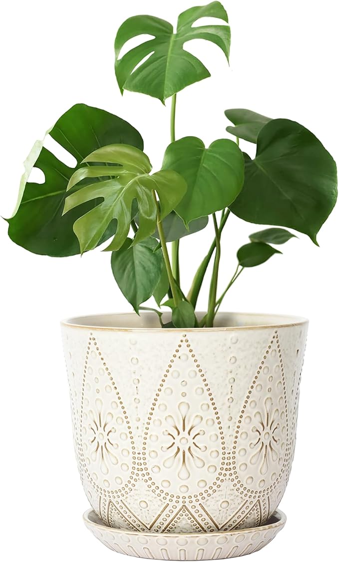 Gepege 10 Inch Plant Pot, Creamy White Ceramic Planter with Drainage Holes and Saucers for Plants Indoor and Outdoor Flower Pot