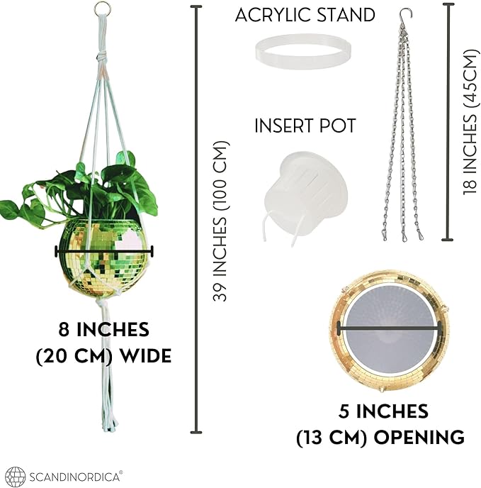 SCANDINORDICA Disco Ball Planter – Value Package: Mirror Disco Planter with Chain, Macrame Hanger and Acrylic Stand for Desk, Includes Self Watering Insert, Disco Decor | 8 inch Gold