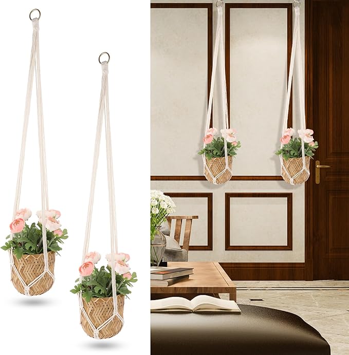 Macrame Plant Hanger, 2 Pack Boho Hanging Planters Baskets for Indoor Plants Decorative Braided Cotton Rope Flower Pot Holder with Metal Hook Rings for Outdoor Home Decor, No Tassels, Ivory, 34 Inchs