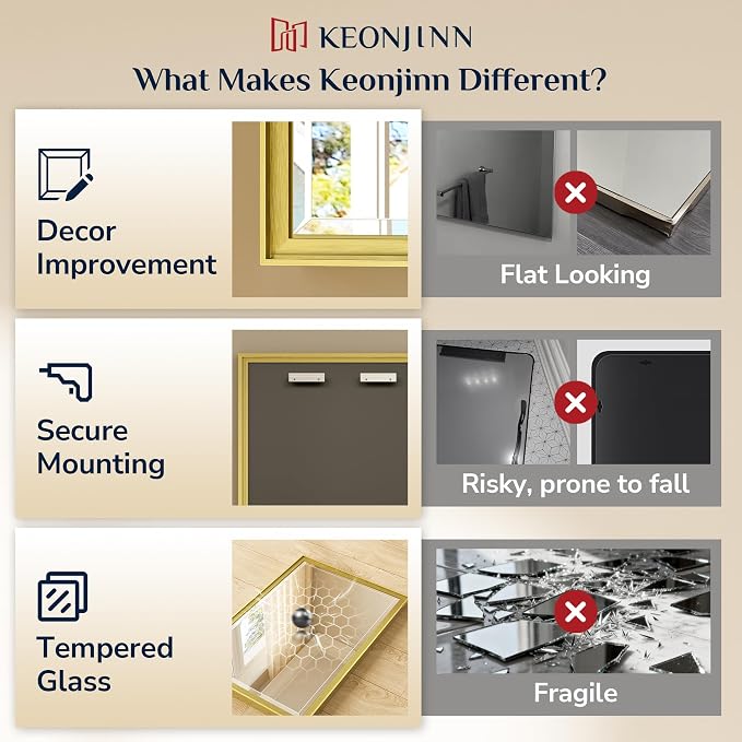 Keonjinn 55" x 30" Gold Bathroom Mirror, Brushed Gold Metal Framed Mirrors - Image 4