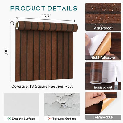 VEELIKE Walnut Wooden Slat Wallpaper Peel and Stick Waterproof Dark Wood - Image 8