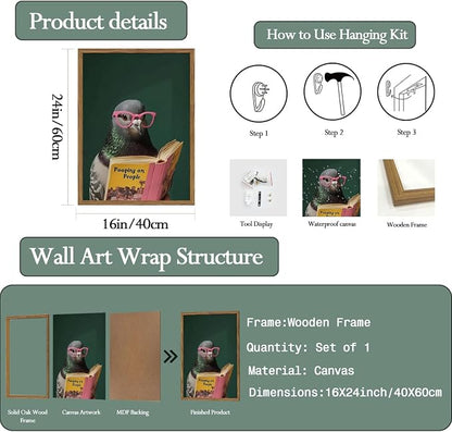Framed Funny Pigeon Wall Art, Humorous Bird Reading Wall Decor Paintings - Image 5