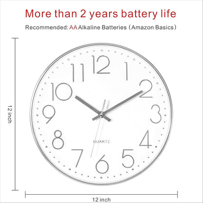 Foxtop Silver Wall Clock Silent Non-Ticking Battery Operated Round Modern Wall - Image 2
