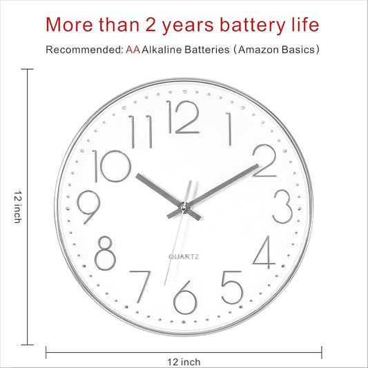 Foxtop Silver Wall Clock Silent Non-Ticking Battery Operated Round Modern Wall - Image 2