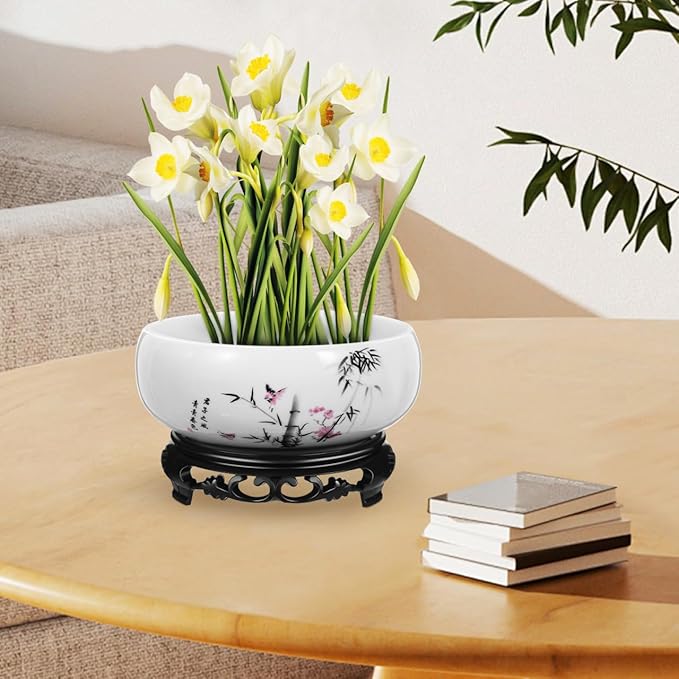 Ceramic Chinese Pot with Base Hydroponic Pot White Water Lily Bowl Ceramic Planter for Home Office Garden 7 Inch
