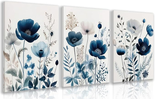 LLEEMPI Framed Navy Blue Floral Wall Art Set of 3, Modern Wildflower Wall Decor by Unknown