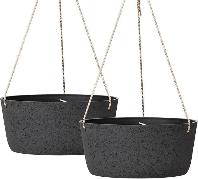 La Jolie Maison Large Hanging Planters - 12 Inch Outdoor Flower Pots, Hanging Garden Planters Set of 2, Black Charcoal