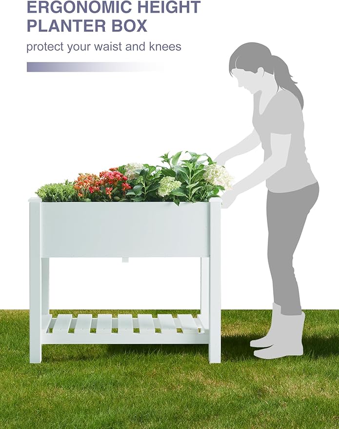 Psilvam Planter Box Raised Garden Bed, Poly Lumber Raised Garden Beds Outdoor with Storage Racks and Tarps, Superior to Cedar Elevated Garden Bed with Leg, for Balcony and Porch, 350 lbs Load (White)
