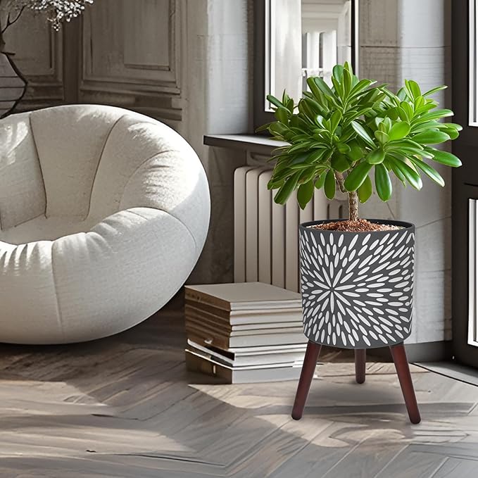 12 Inches Plant Pot with Stand, Large Modern Standing Planters for Indoor Plants with Drainage Holes, Gray Flower Pots with Legs