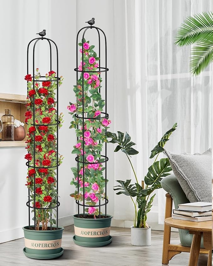 2 Pcs Garden Trellis for Climbing Plants, 6.2 Ft Rustproof Metal Pipe with Heavy Duty Plastic Coated, Garden Outdoor Indoor Potted Plant Support, Obelisk Garden Trellis for Climbing Vine