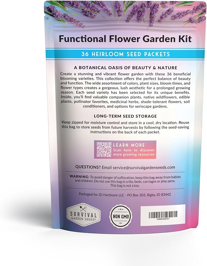 Survival Garden Seeds Functional Flower Garden Kit | 36 Pack Seed Starter Collection | Bee, Butterfly, Hummingbird, Pollinator-Friendly Blooms | Non-GMO Heirloom Beneficial Flowers & Wildflowers