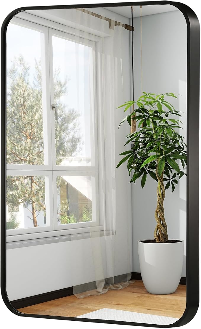 22x30 Inch Black Wall Mirror for Bathroom, Brushed Metal Framed Mirror by JENBELY