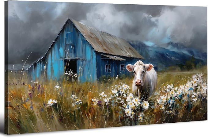 Farmhouse Barn Wall Art Cow Pictures Wall Decor Rustic Blue Barn Landscape by HOME