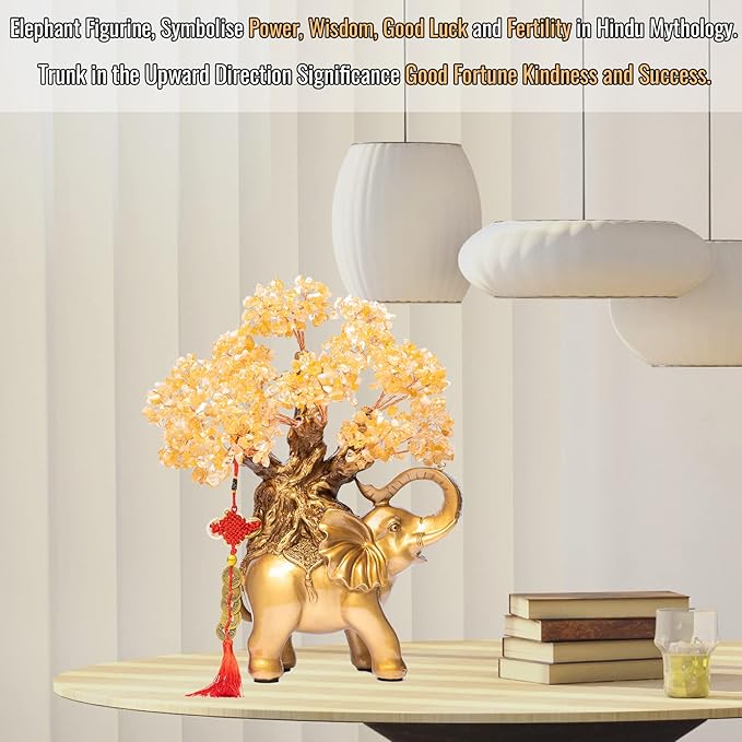 Citrine Crystal Money Tree on Gold Elephant Statue, 17”Large Gemstone Bonsai Tree of Life Home Décor Gifts for Wealth Positive Energy, Feng Shui Décor