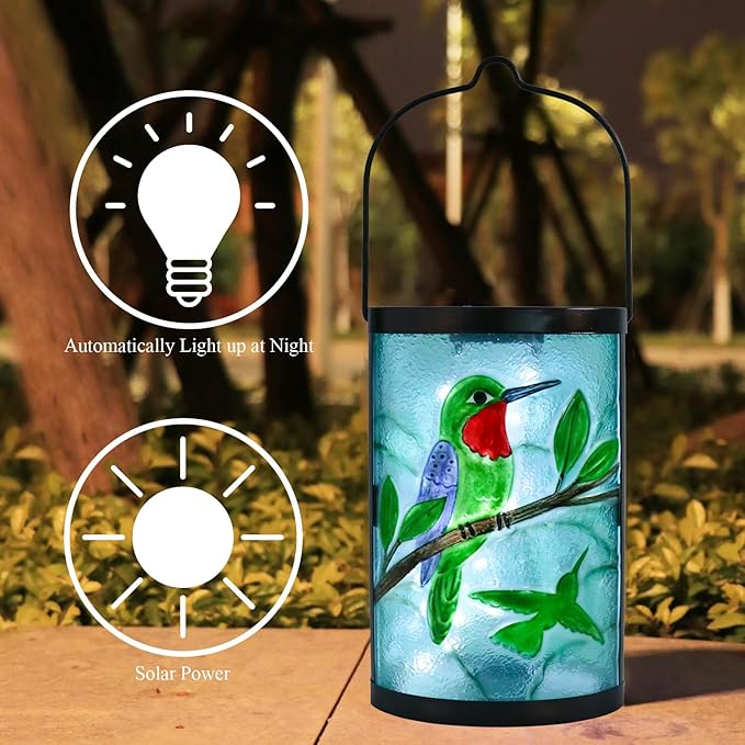 Hanging Solar Lantern Outdoor Waterproof Hummingbird Solar Lights Glass Tabletop Decorative Lamp for Outdoor Patio Garden Outside Yard Decor