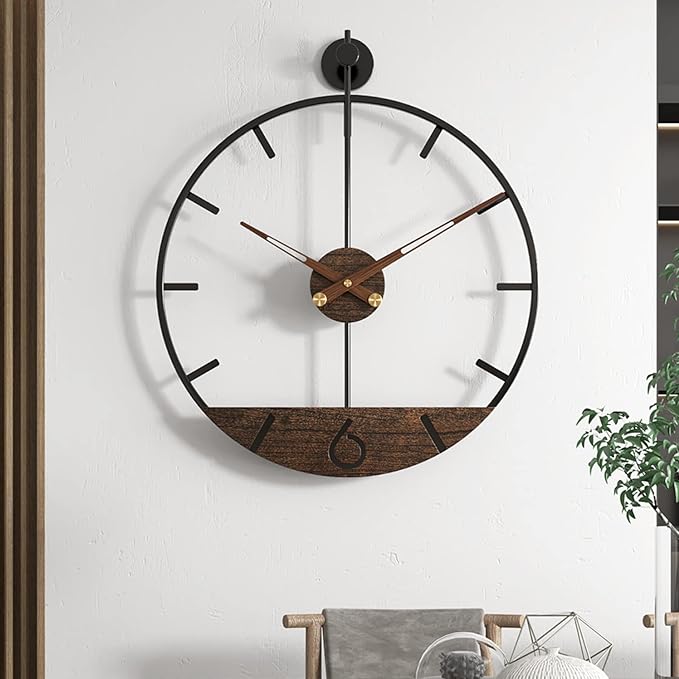 Modern Wood Walnut Dial Wall Clock, Large Simple Wall Decor Metal Frame Silent - Image 2