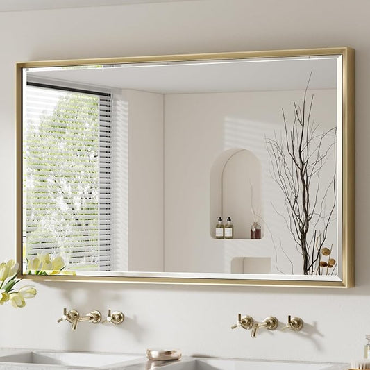 48 x 30 Gold Bathroom Mirror, Brushed Gold Beveled Bathroom Mirror, by QUEENFUN